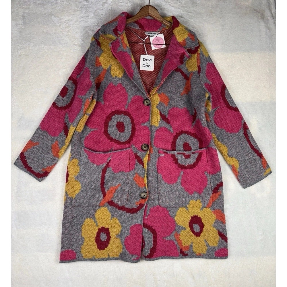 Davi & Dani Retro Floral Longline Knit Cardigan Jacket Sweater Coat Size L Boho